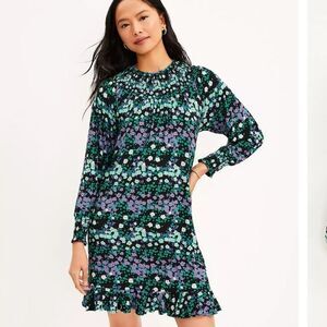 LOFT Floral Smocked Flounce‎ Dress Long Sleeve Black Green Purple Medium Tall